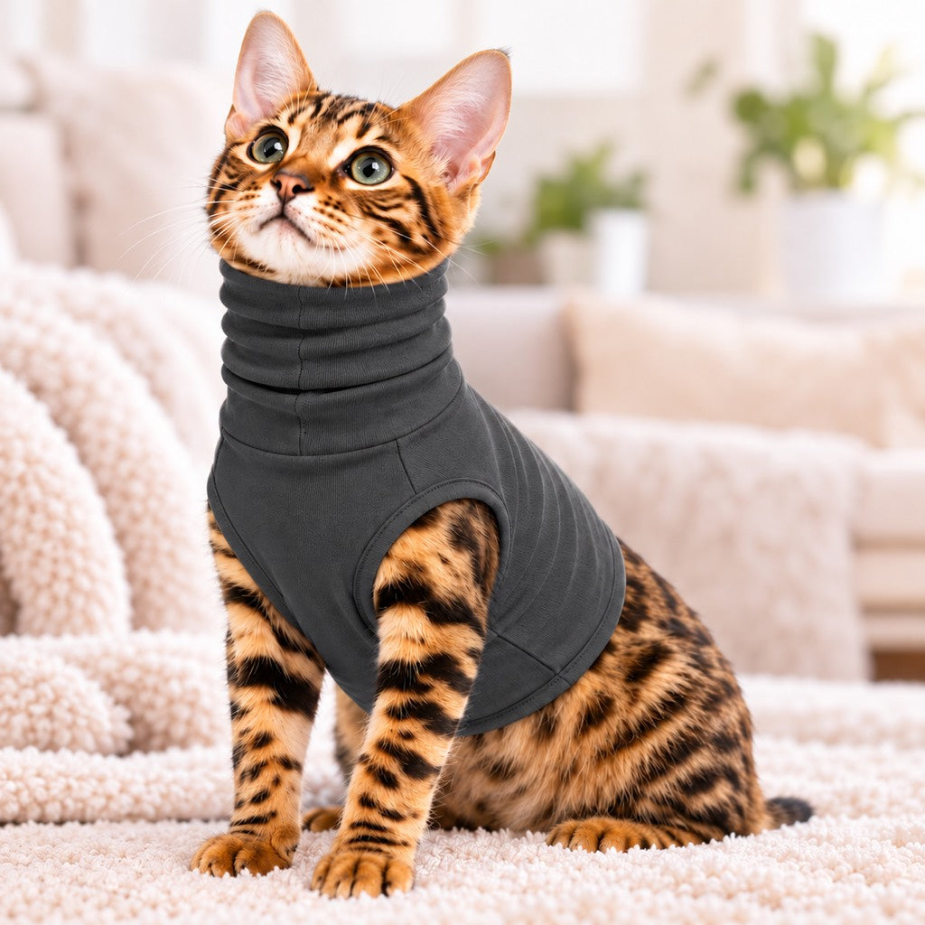 Dark charcoal black pet neck protector recovery shirt worn by a cat