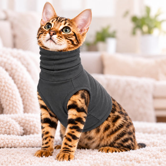Dark charcoal black pet neck protector recovery shirt worn by a cat