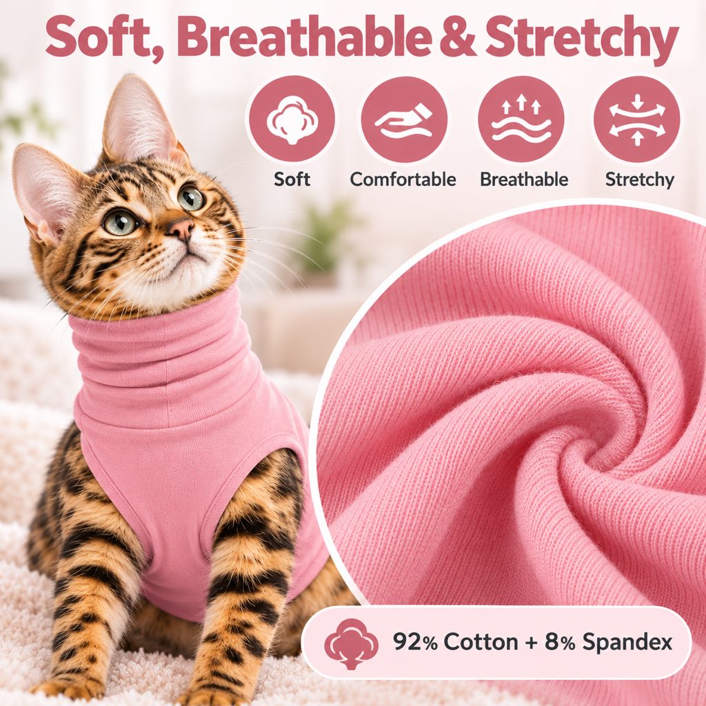 Pink pet neck protector shirt and close-up of cotton blend fabric