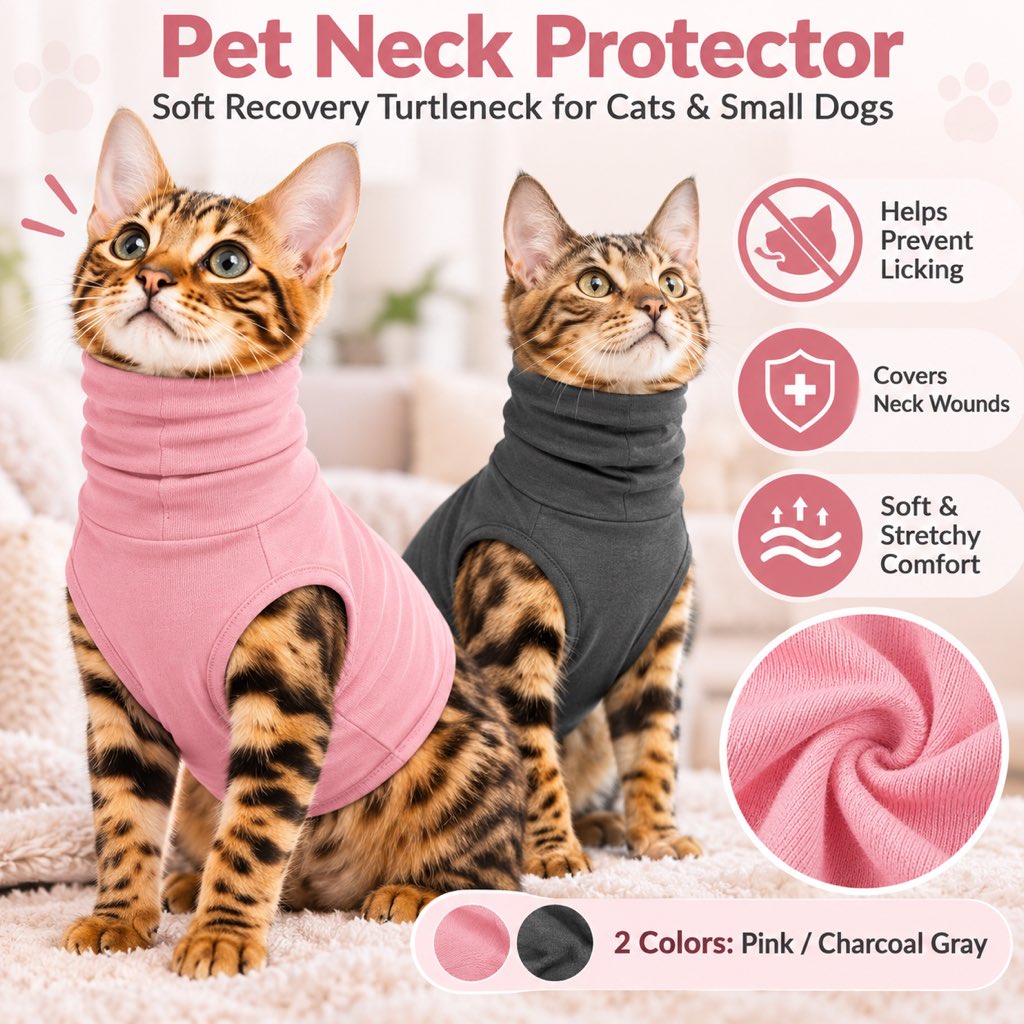 Pink and dark charcoal pet neck protector shirts shown on cats