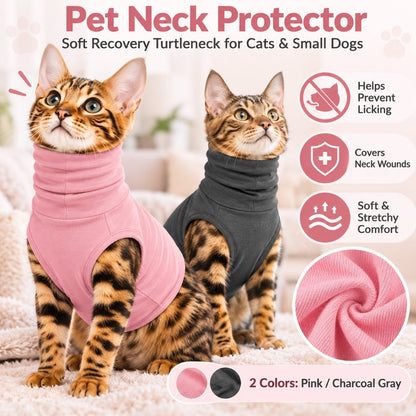Pink and dark charcoal pet neck protector shirts shown on cats