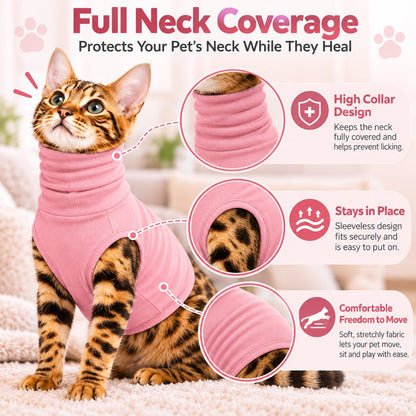 Pink pet neck protector recovery shirt worn by a cat