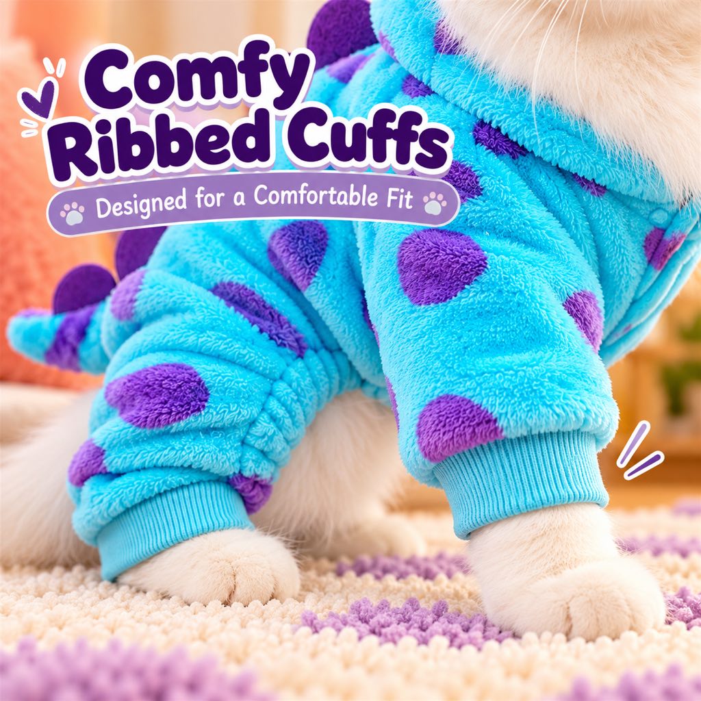Turquoise ribbed cuffs on a four-leg pet onesie