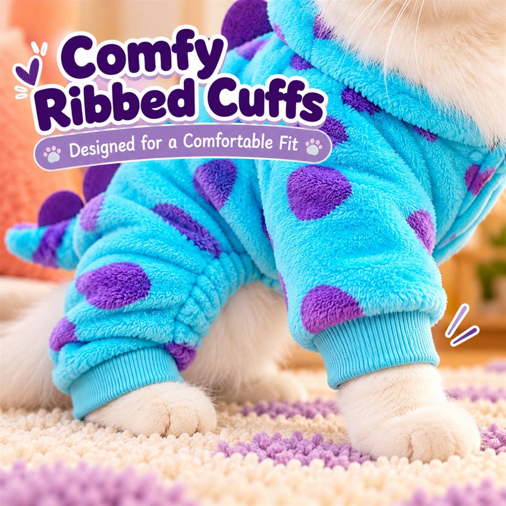 Turquoise ribbed cuffs on a four-leg pet onesie