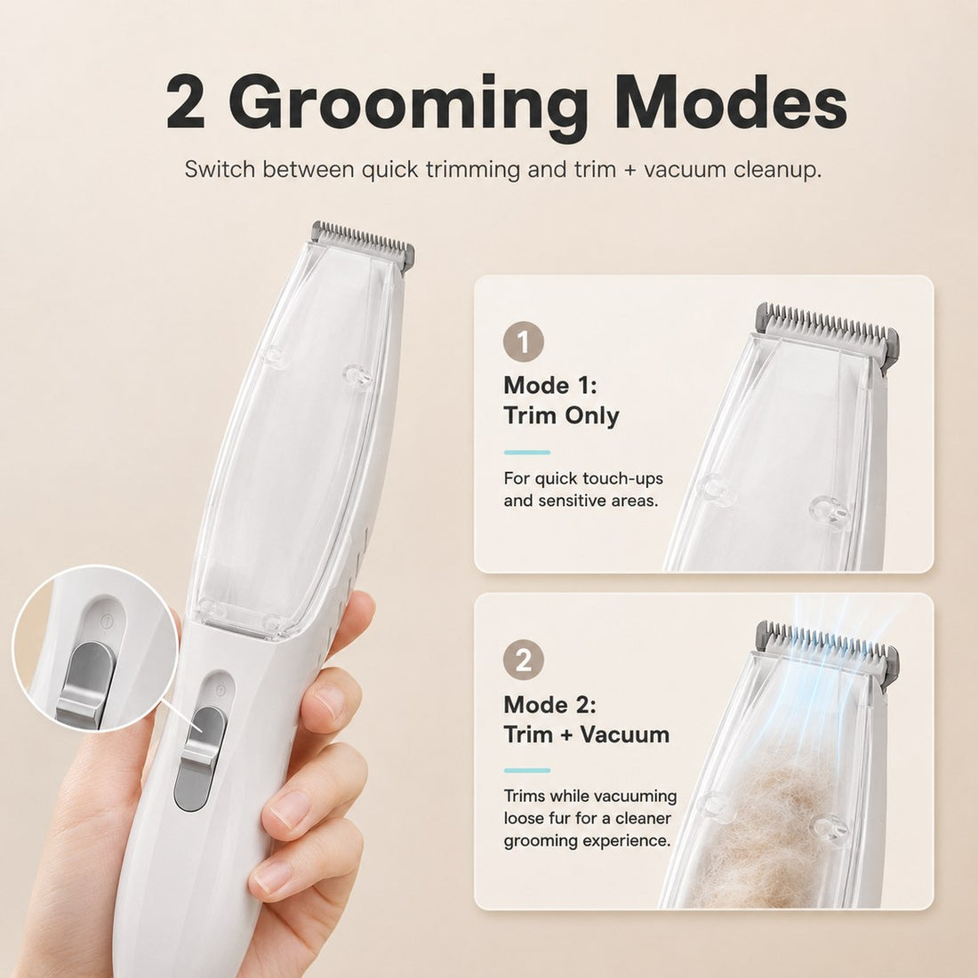 Pet paw trimmer with trim only and trim plus vacuum modes.