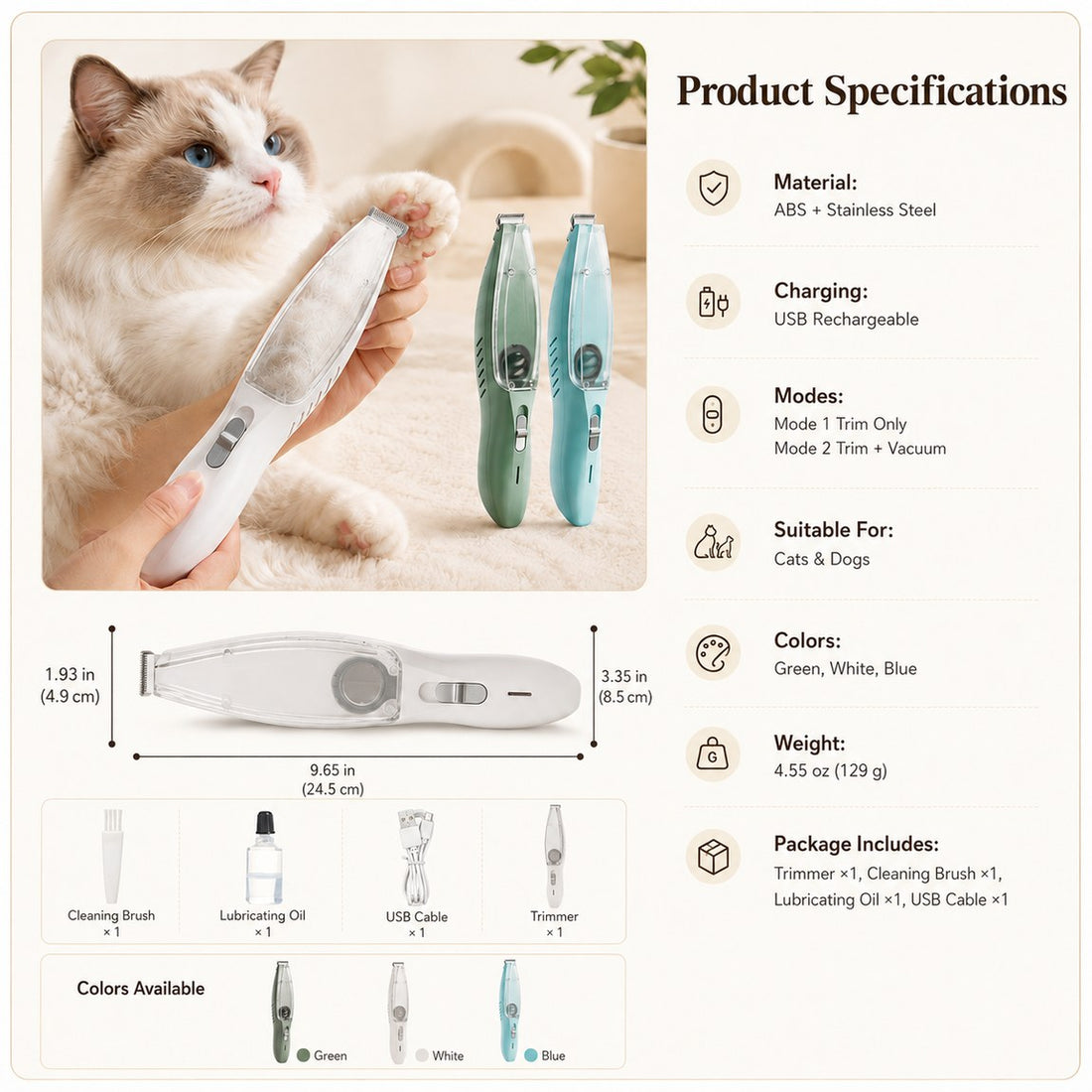 Pet paw trimmer color options in green, white, and blue.