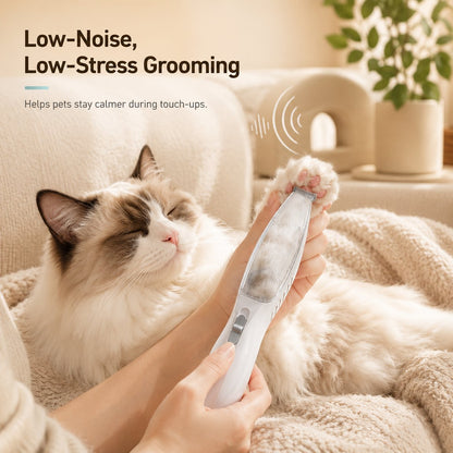 Low-noise pet paw trimmer for calmer grooming sessions.