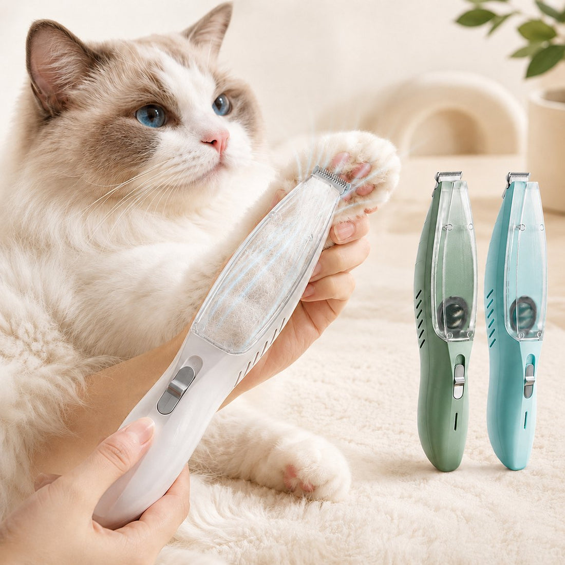 Pet paw trimmer with built-in vacuum for cats and dogs.