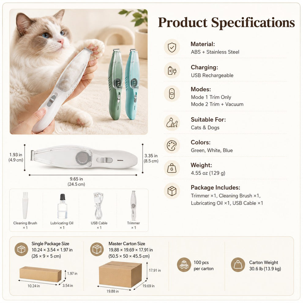 Pet paw trimmer specifications with dimensions, material, colors, and package contents.