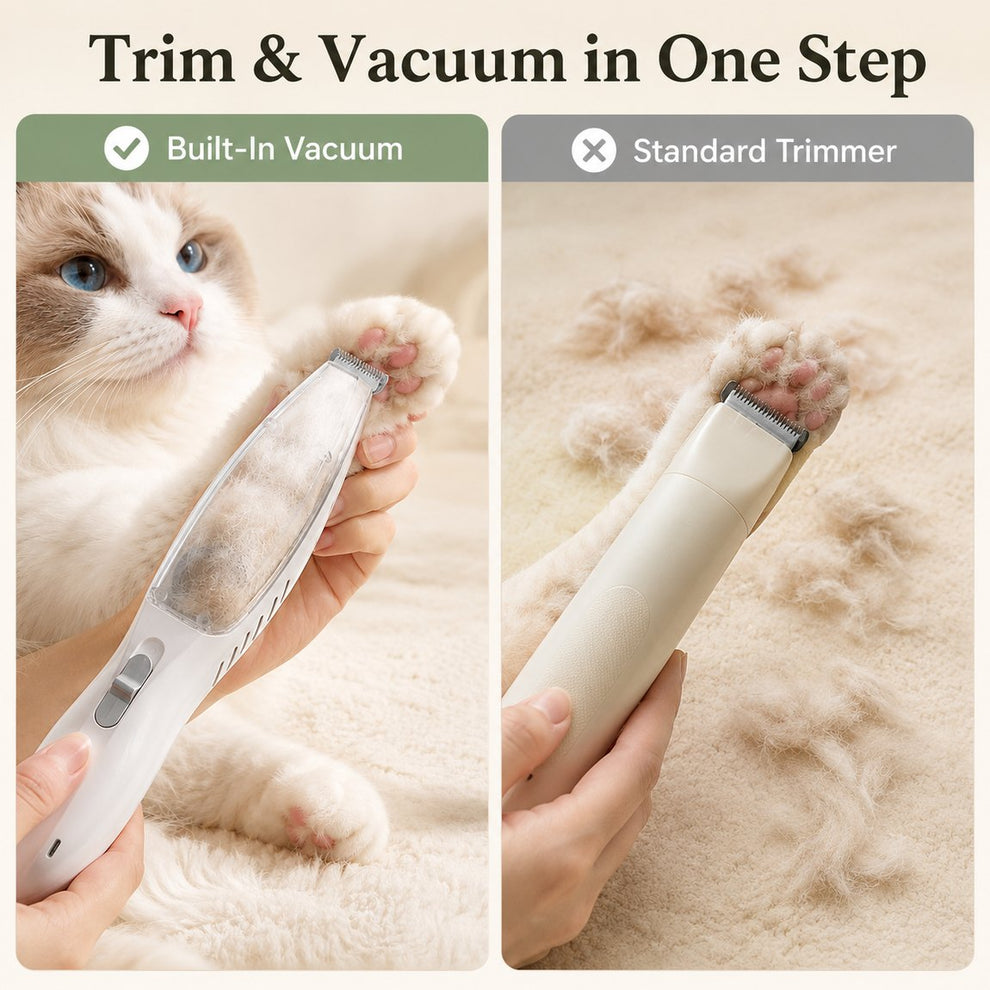 Pet paw trimmer trims and vacuums loose fur in one step.