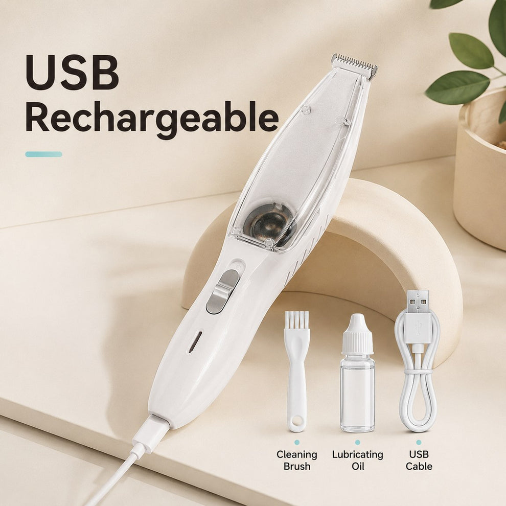USB rechargeable pet paw trimmer with cleaning brush, oil, and cable.