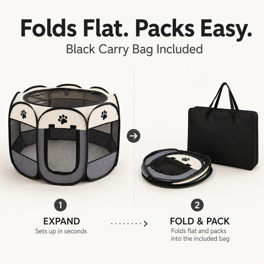 Pet playpen folds flat with black carry bag included