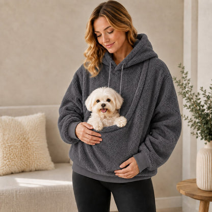 Pet pouch sherpa hoodie lifestyle view with front pet pocket