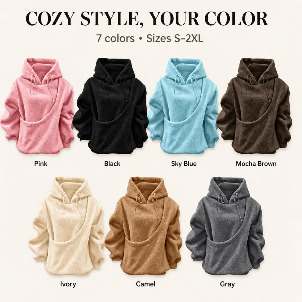 Pet pouch sherpa hoodie detail view with front pet pocket