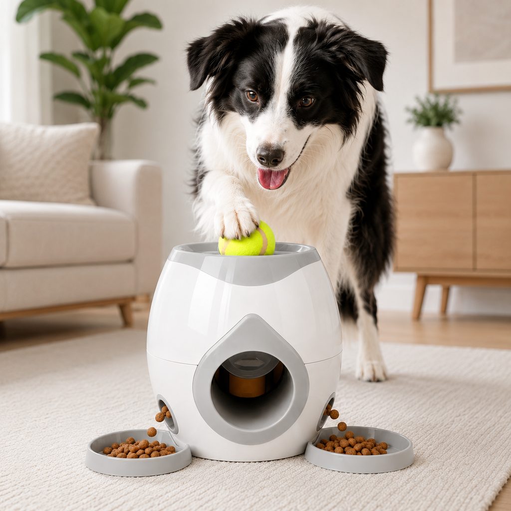 Paws in Awe Ball-Activated Dog Puzzle Feeder for Indoor Play & Slow Eating - Interactive Treat Dispenser Toy with Tennis Balls, Side Trays & Scoop image 1