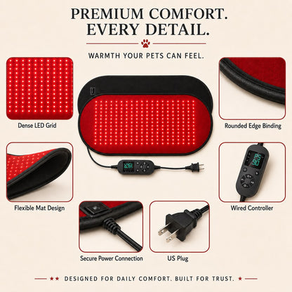 Pet red and near-infrared light wellness mat details with US plug and wired controller