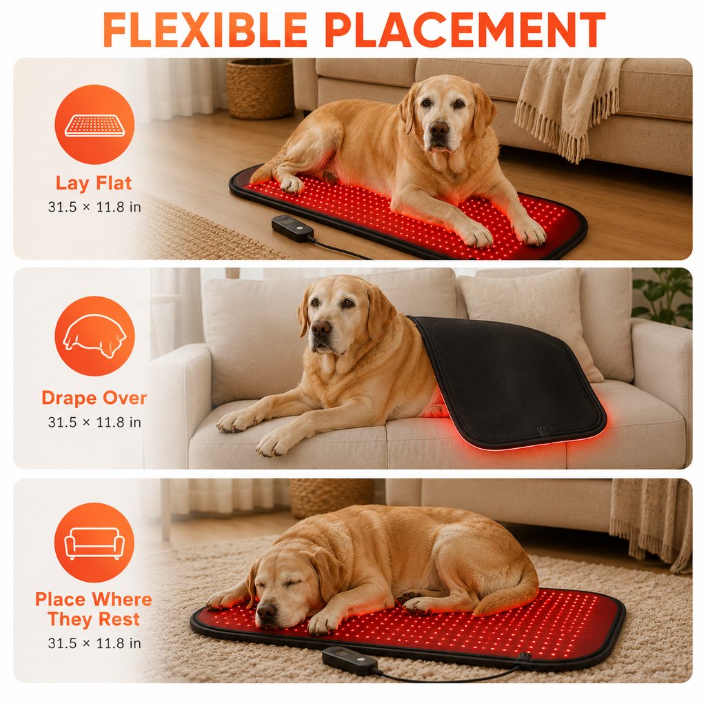 Flexible pet light mat placed flat or gently draped during supervised use