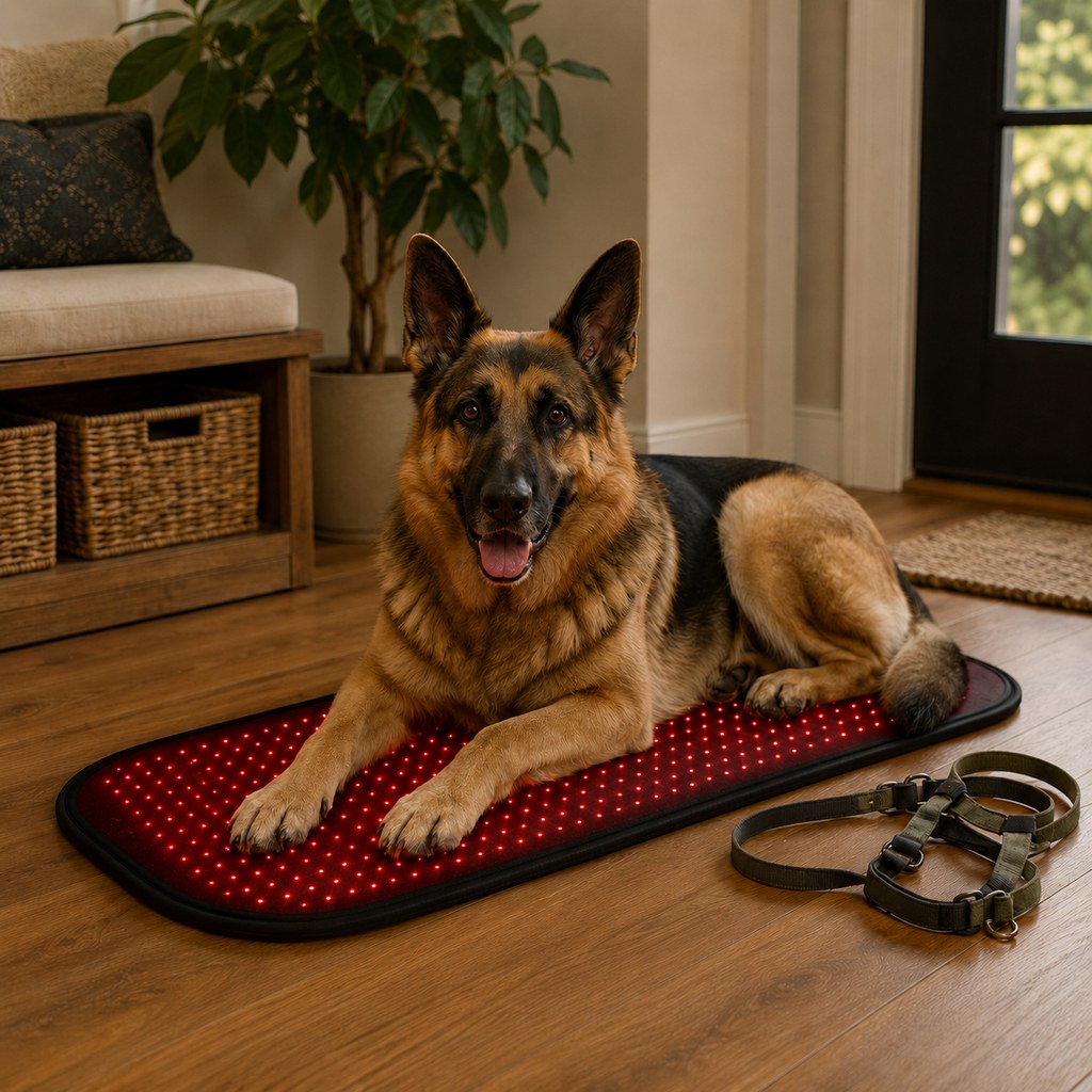 Large dog resting on flexible pet light wellness mat