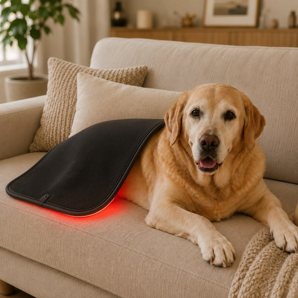 Pet red and near-infrared light wellness mat for supervised dog comfort routines