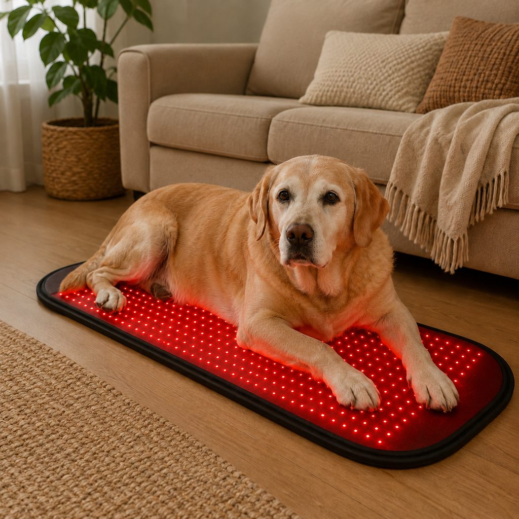 Dog resting on pet red and near-infrared light wellness mat