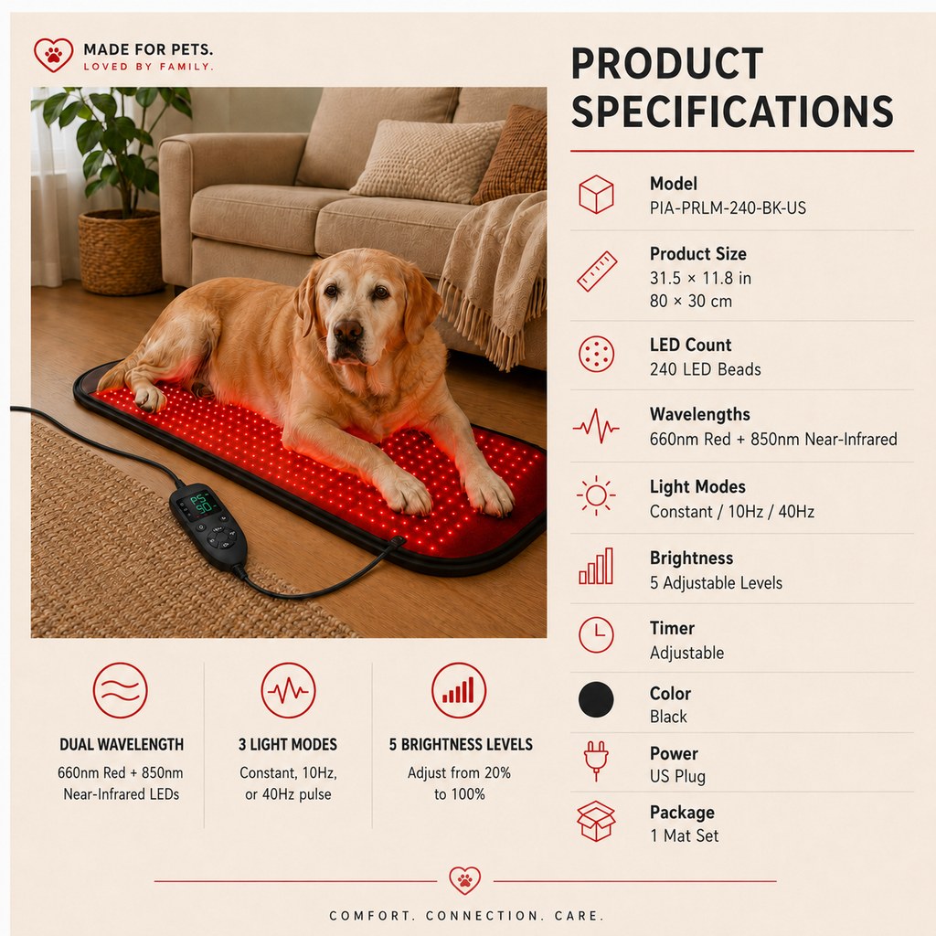 Overview specifications for black pet red and near-infrared light wellness mat