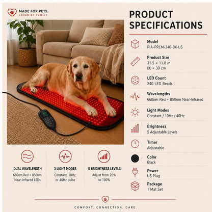 Overview specifications for black pet red and near-infrared light wellness mat