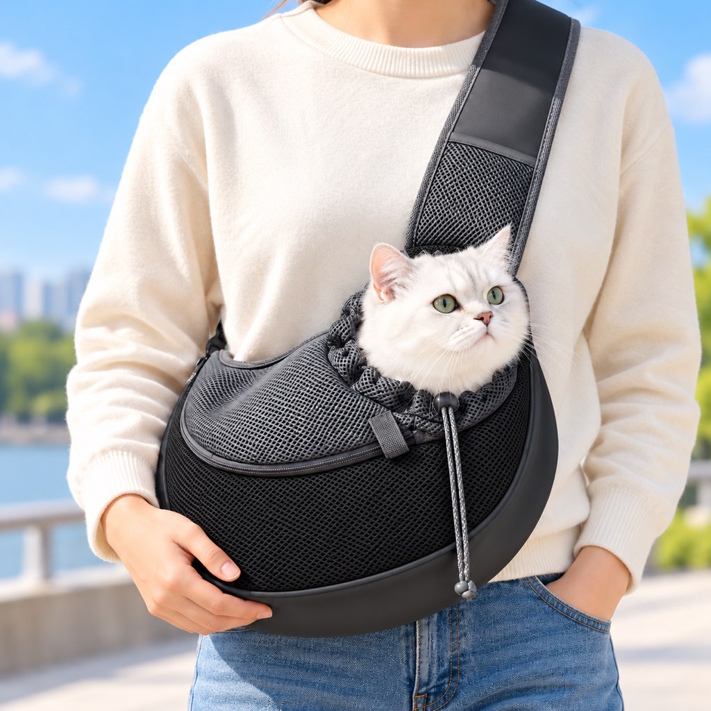 Black pet sling carrier for cats and small dogs