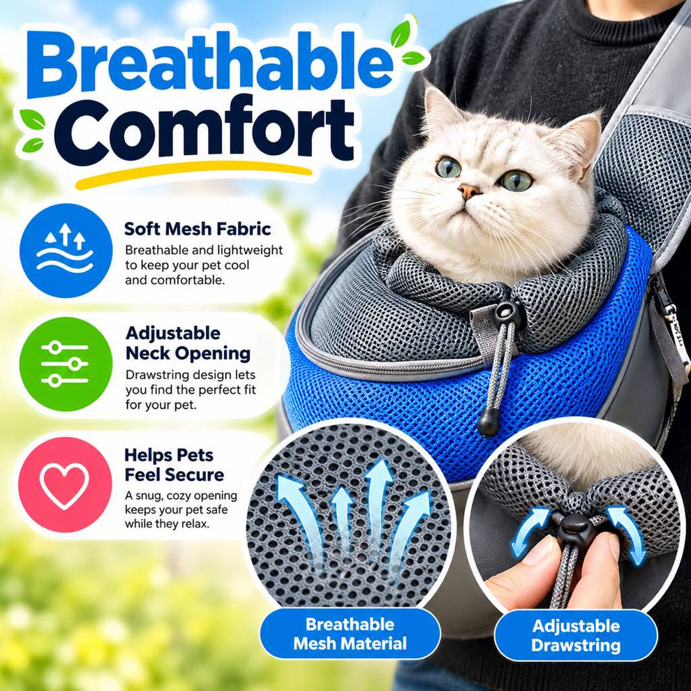 Breathable mesh and adjustable opening on pet sling carrier