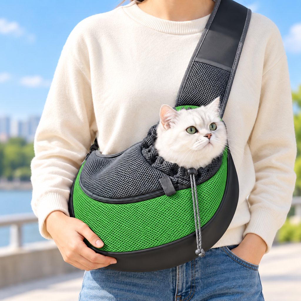 Green pet sling carrier for cats and small dogs