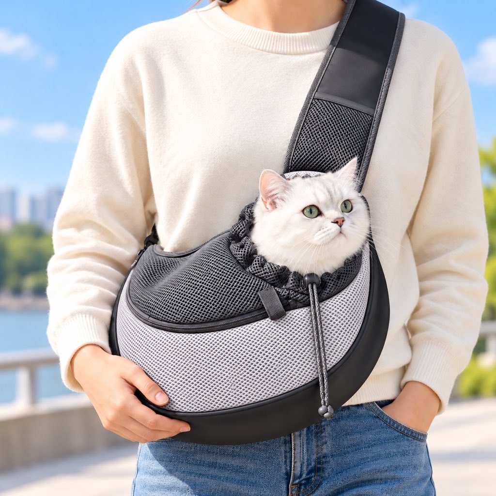 Light Gray pet sling carrier for cats and small dogs