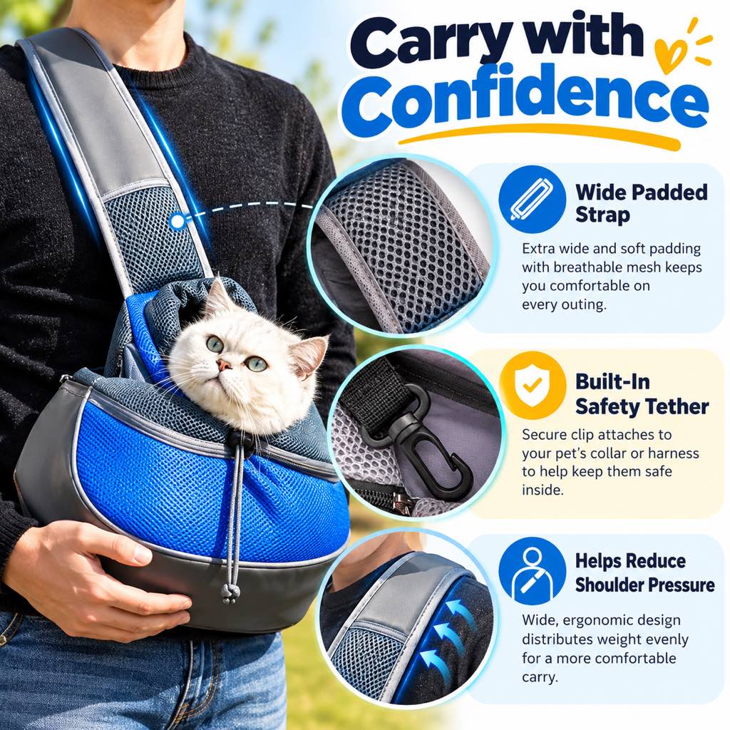 Padded shoulder strap and built-in safety tether details