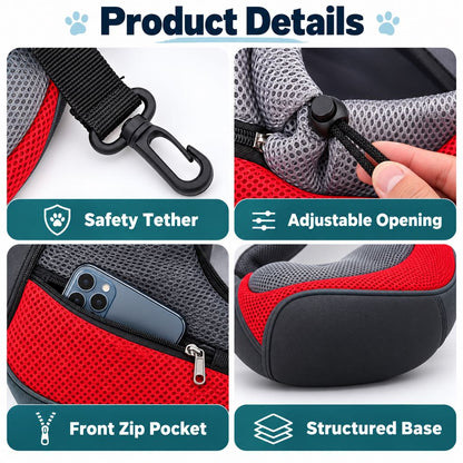 Pet sling carrier clip drawstring pocket and base details