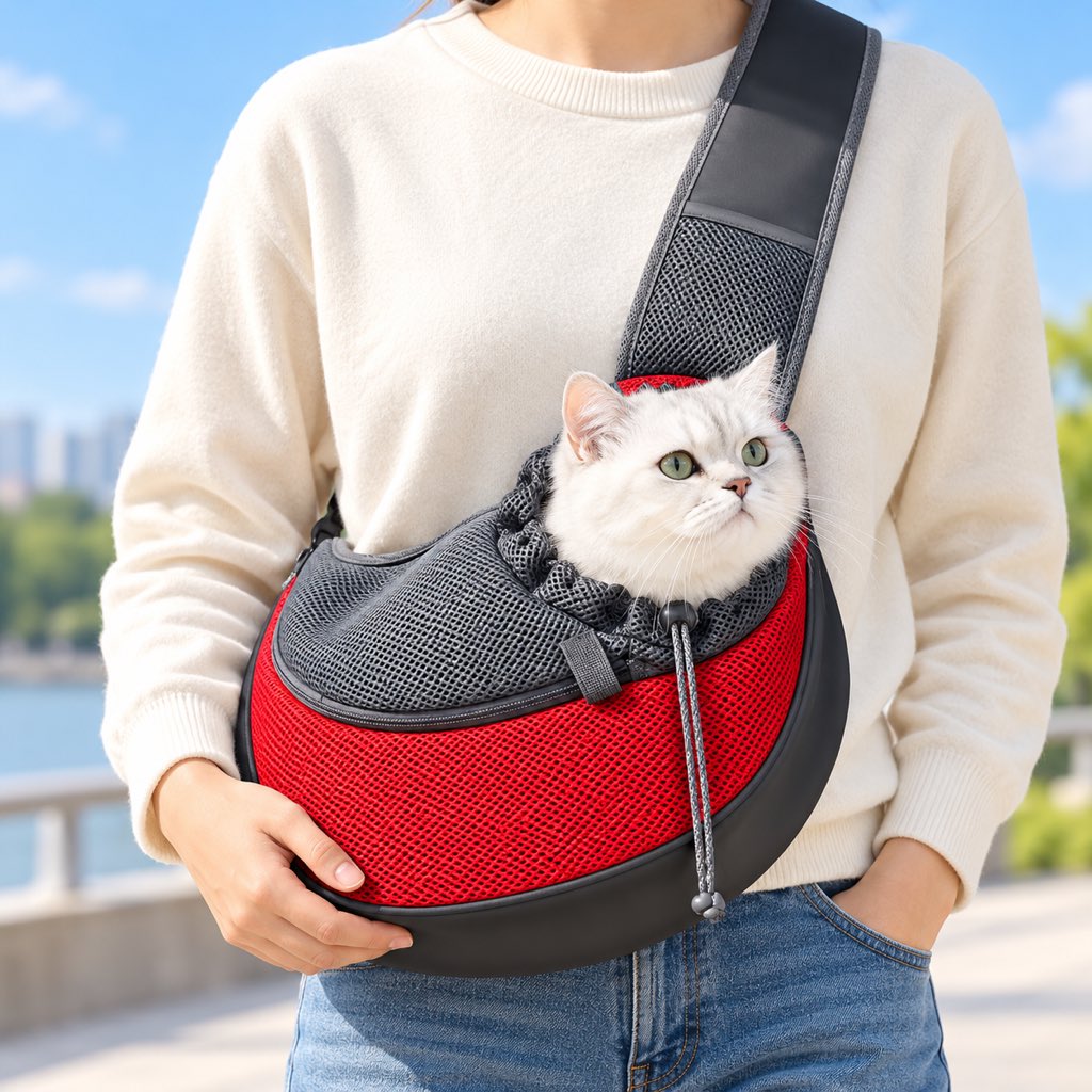 Red pet sling carrier for cats and small dogs