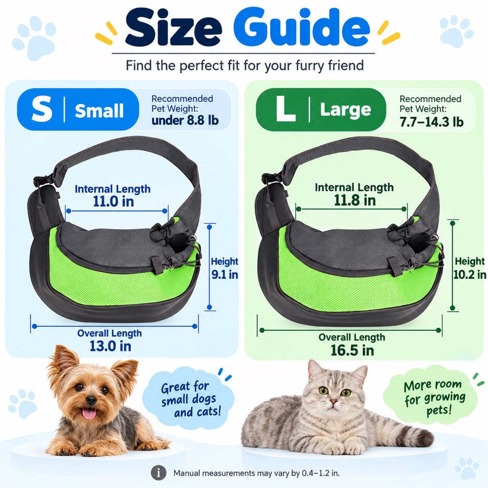 Pet sling carrier size guide for S and L in inches