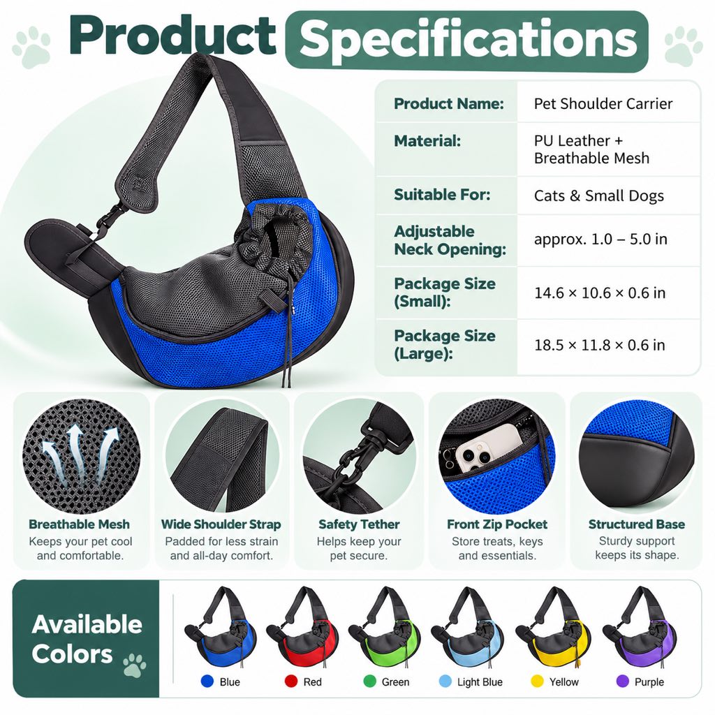 Pet sling carrier product specifications