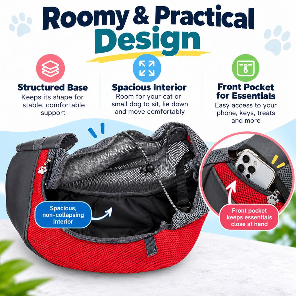 Structured base and front pocket on pet sling carrier