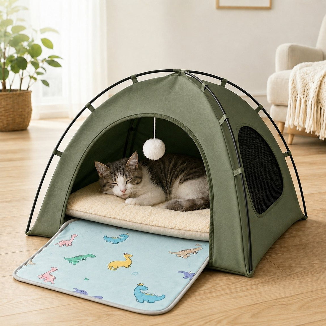 Army green pet tent bed with cooling mat option.