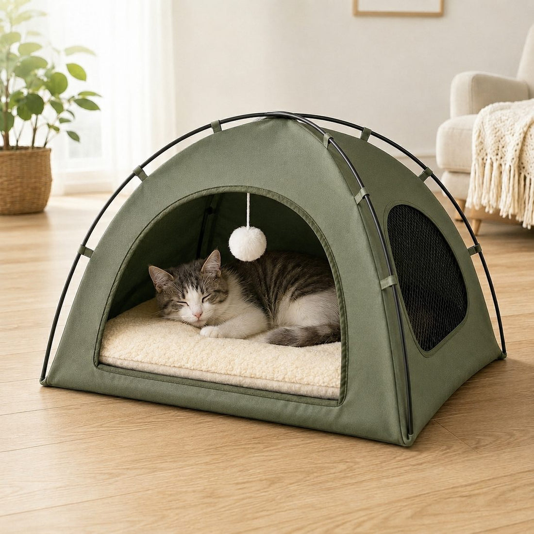 Army green pet tent bed without cooling mat option.
