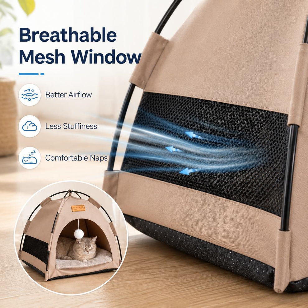 Pet tent bed with breathable mesh side window for better airflow.