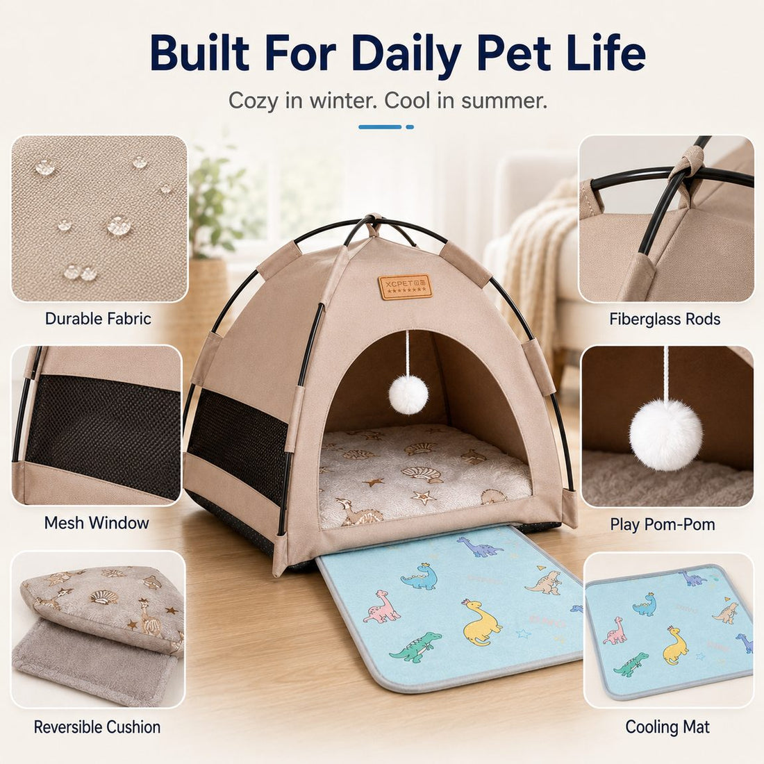 Pet tent bed with durable fabric fiberglass rods mesh window reversible cushion and cooling mat.