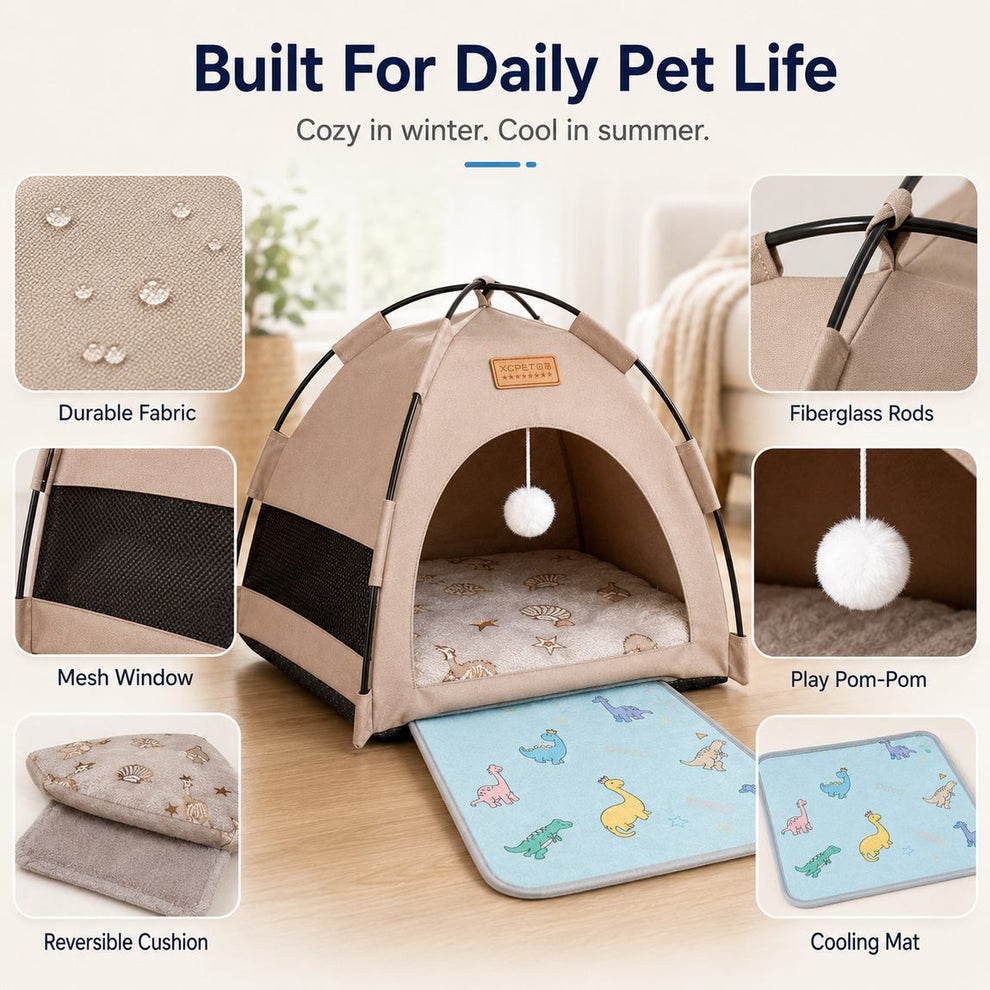 Pet tent bed with durable fabric fiberglass rods mesh window reversible cushion and cooling mat.
