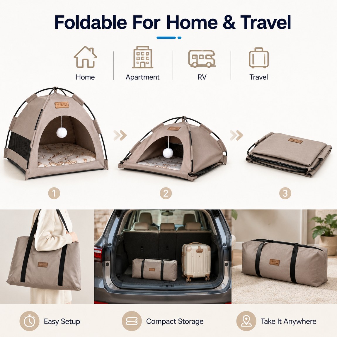 Foldable pet tent bed for home apartment RV travel and compact storage.