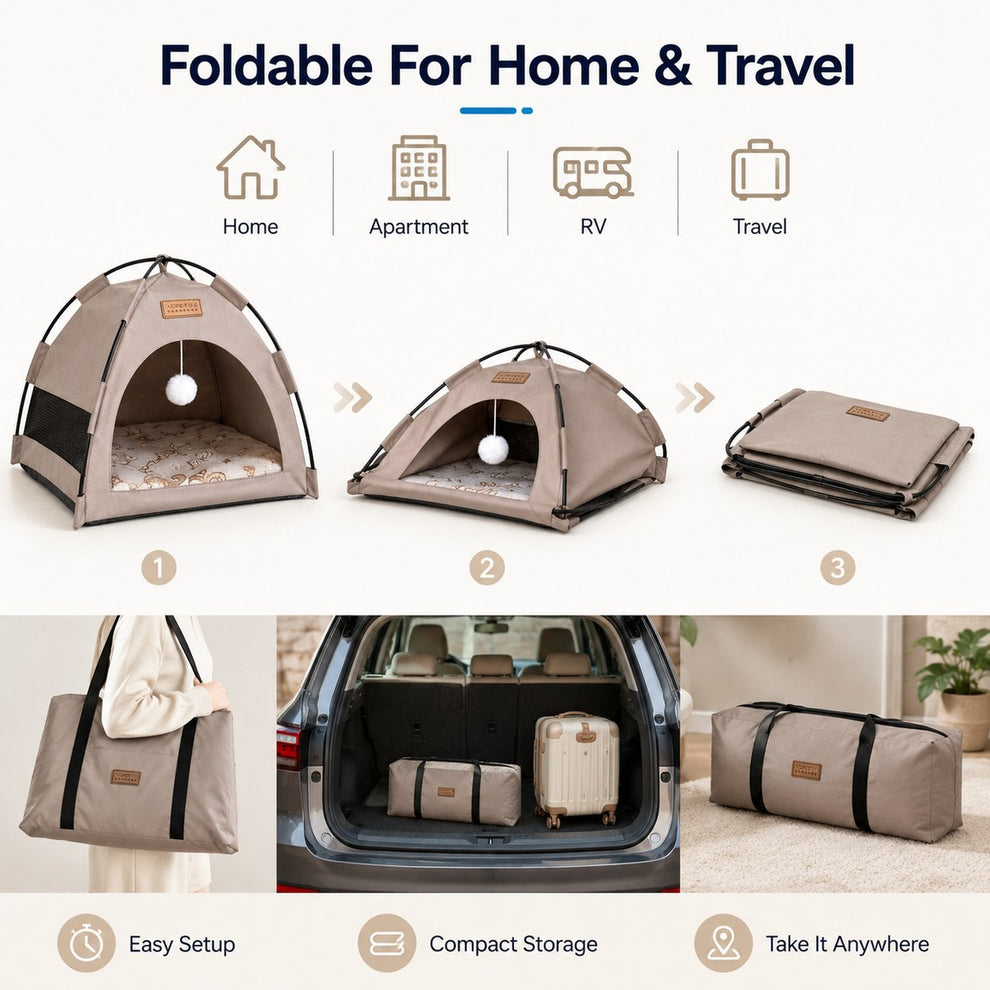 Foldable pet tent bed for home apartment RV travel and compact storage.