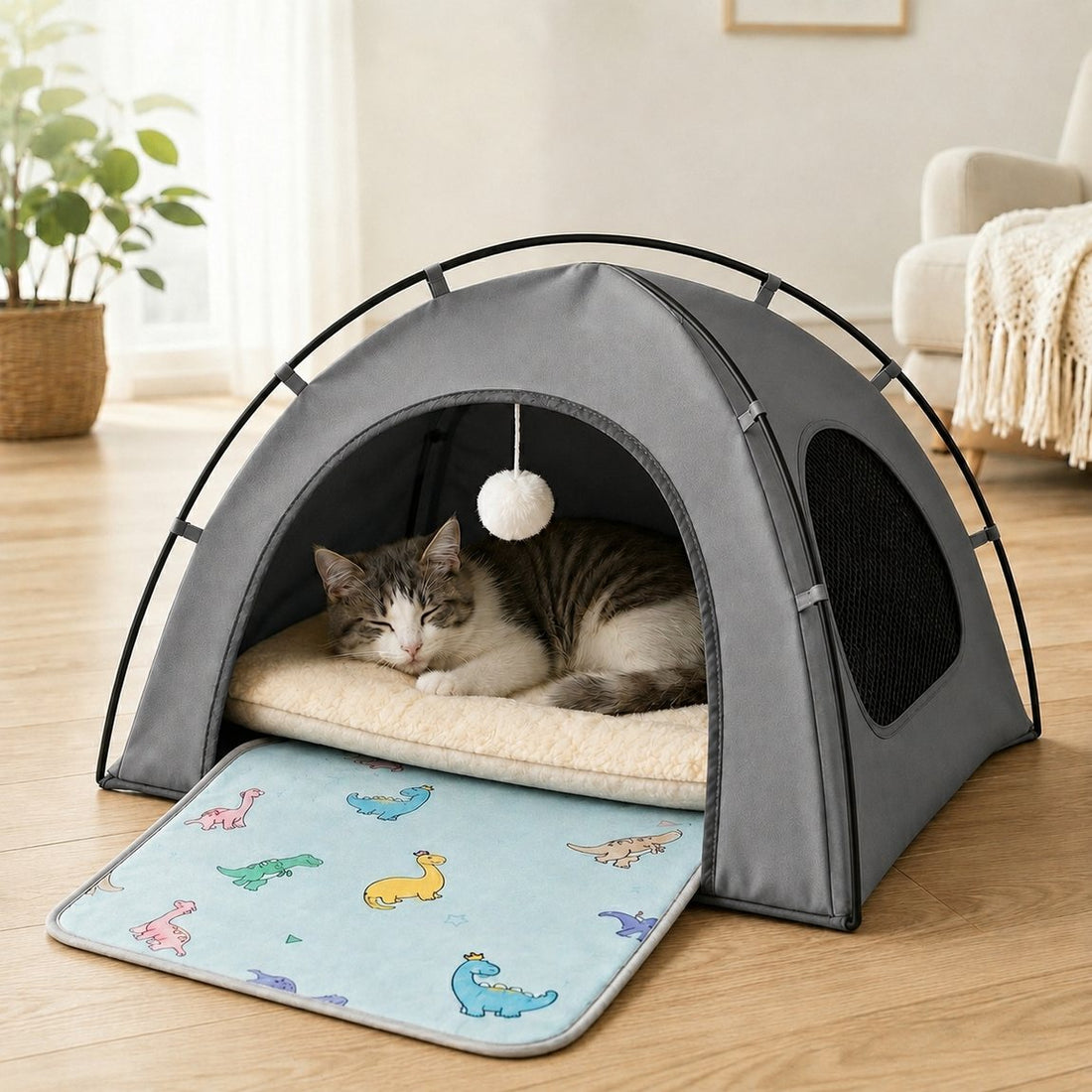 Gray pet tent bed with cooling mat option.