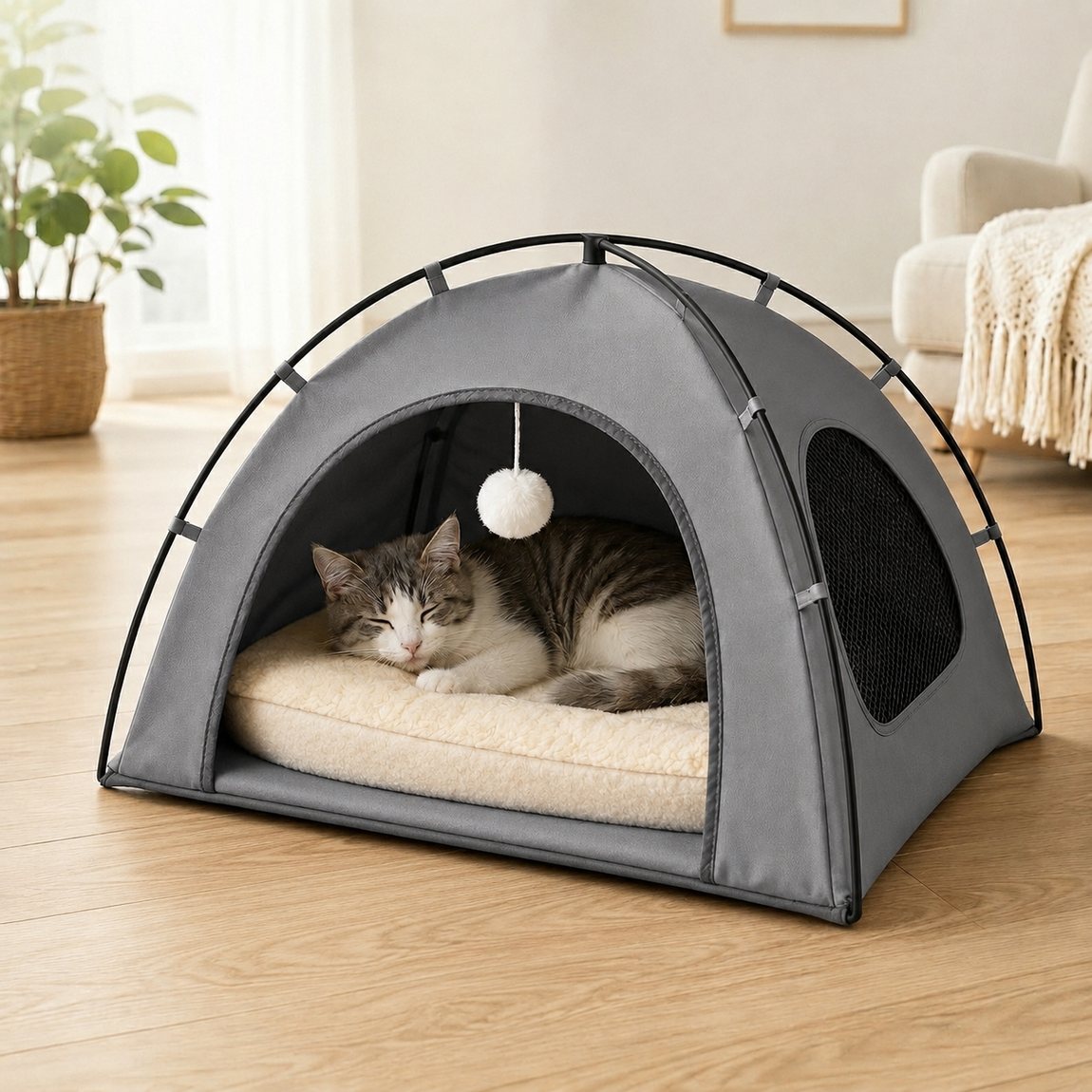 Gray pet tent bed without cooling mat option.