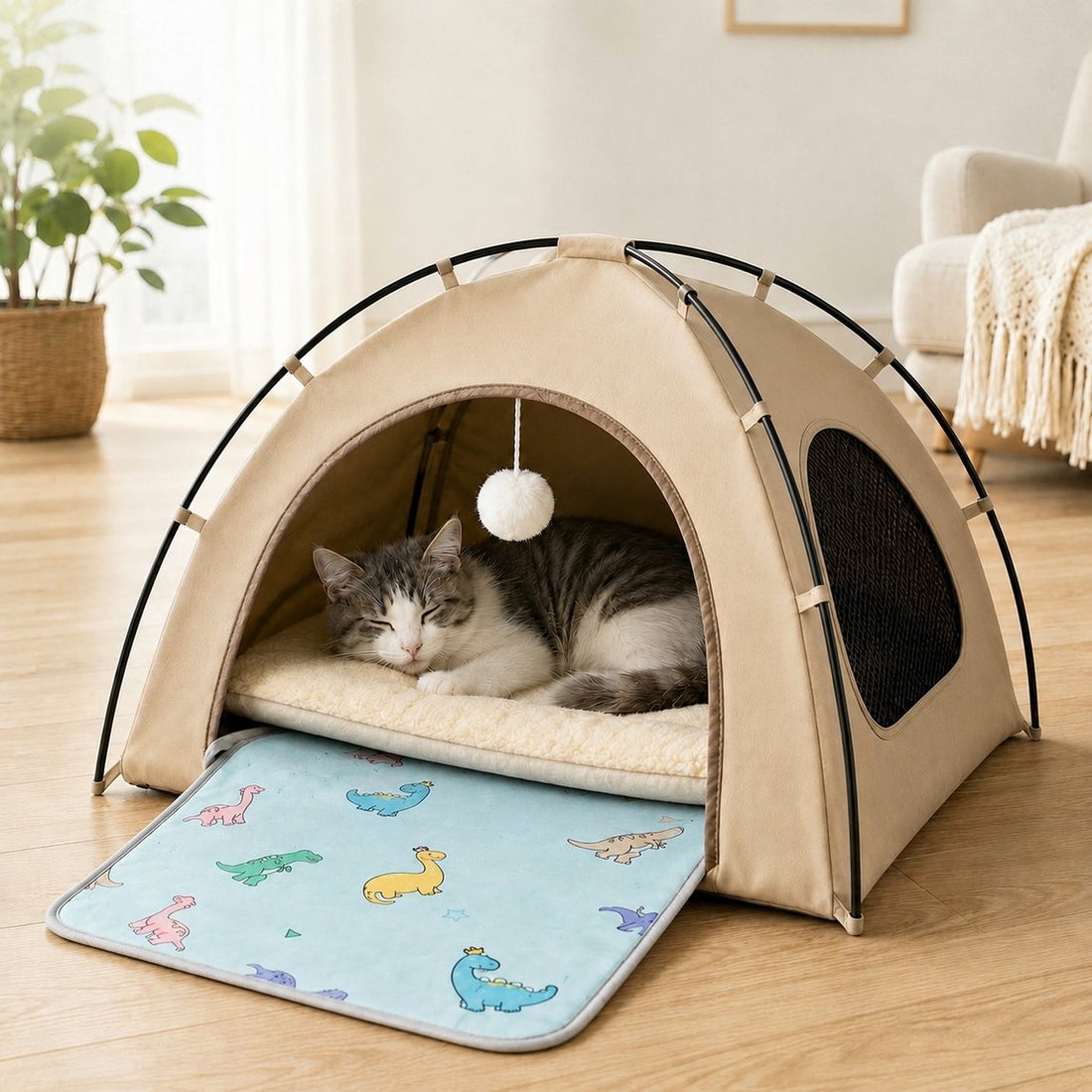 Khaki pet tent bed with cooling mat option.