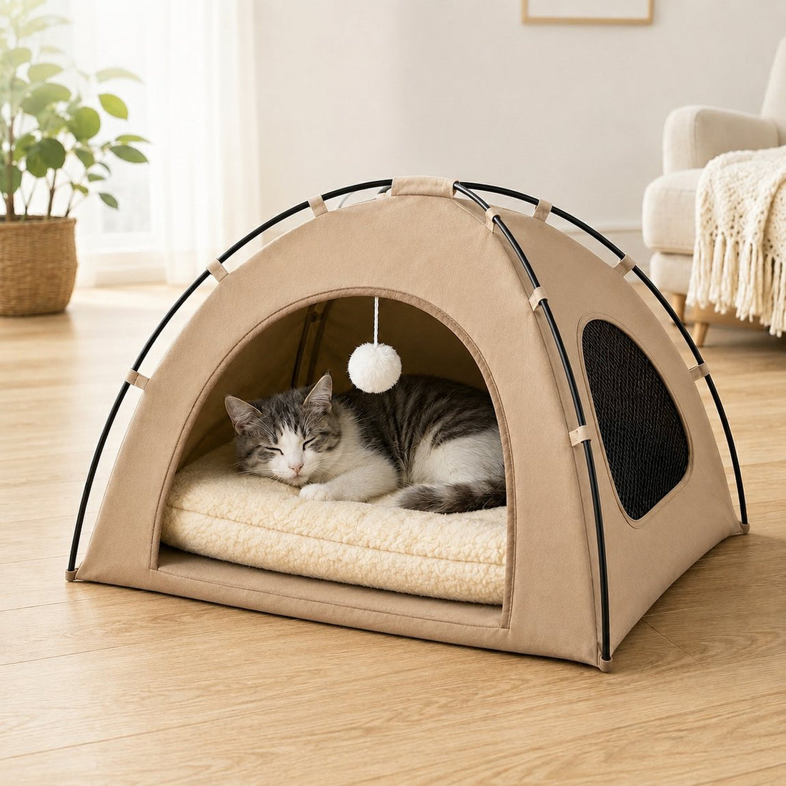 Khaki pet tent bed without cooling mat option.