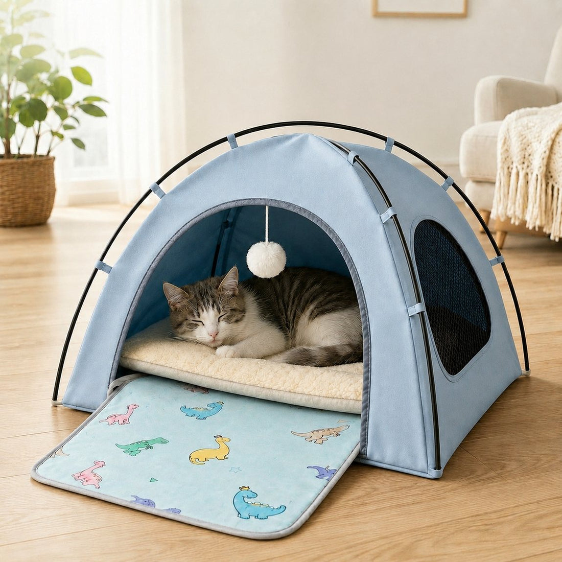 Light blue pet tent bed with cooling mat option.