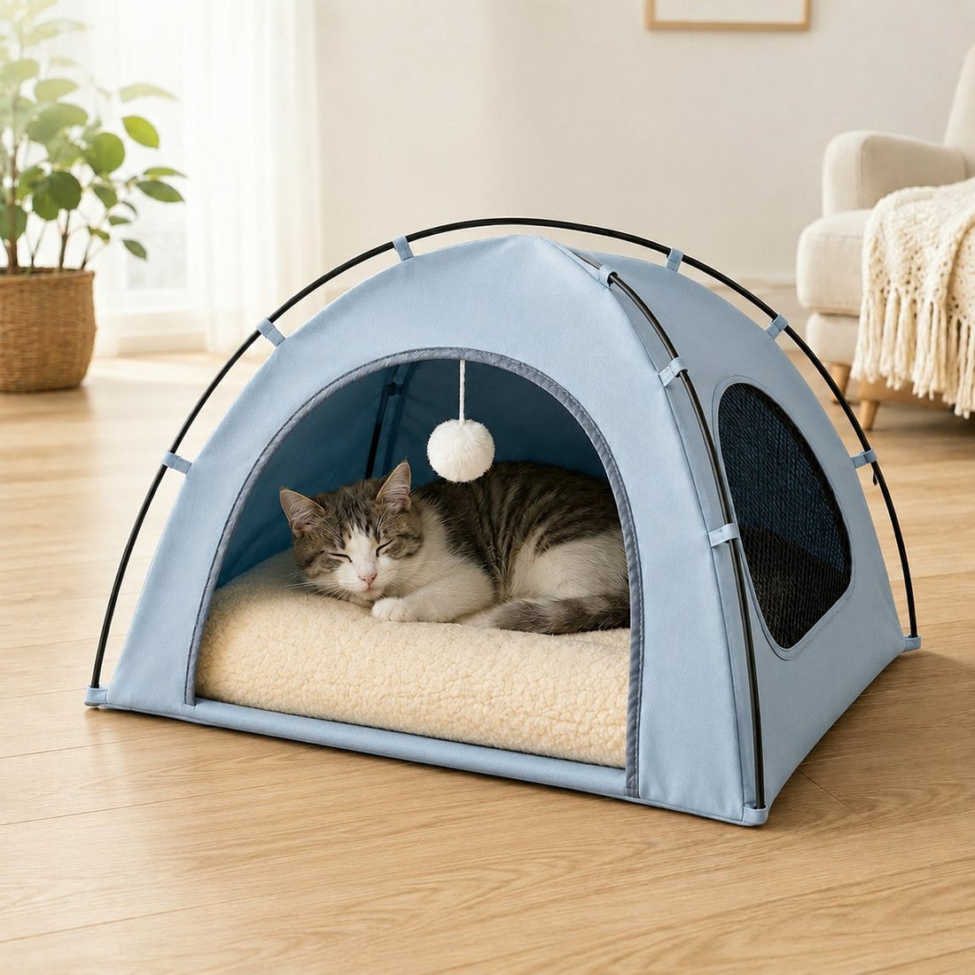 Light blue pet tent bed without cooling mat option.