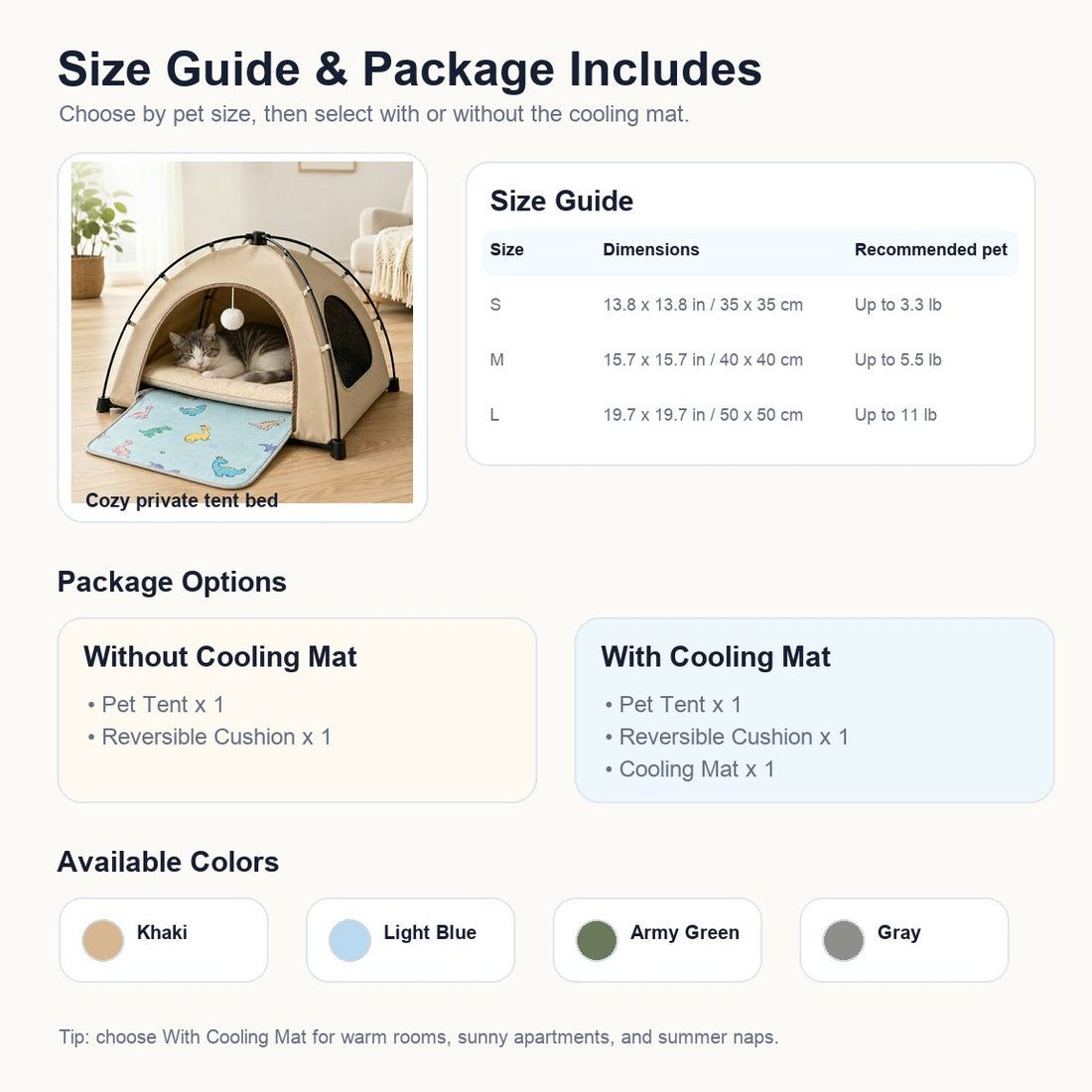 Pet tent bed size guide with package options for without cooling mat and with cooling mat.